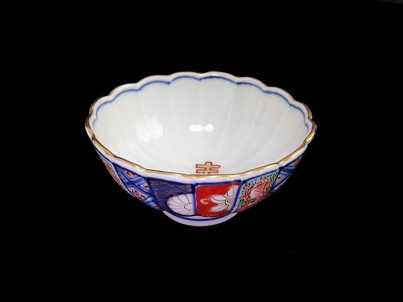 大聖寺伊万里　金襴手　寿紋に輪花豆楕円変形皿　向付　2客　E748AS-CSk