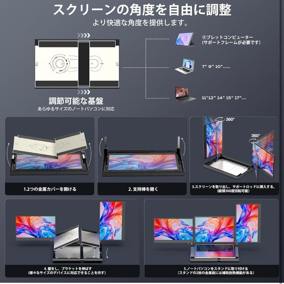 モバイルモニター 2画面 14インチFHD 1080P 360°回転