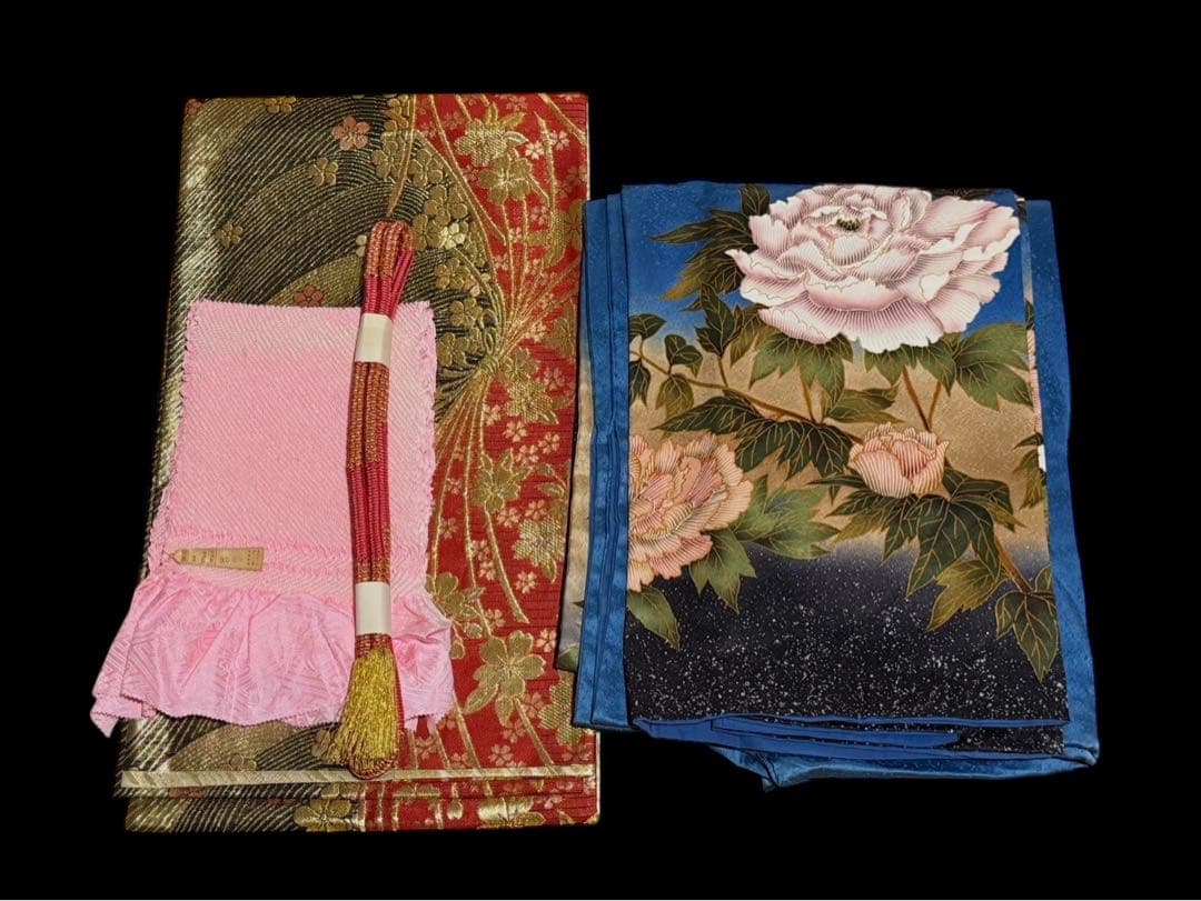 ブルー系の素敵な振袖・袋帯・帯揚げ・帯締めセット セミアンティーク ヴィンテージ