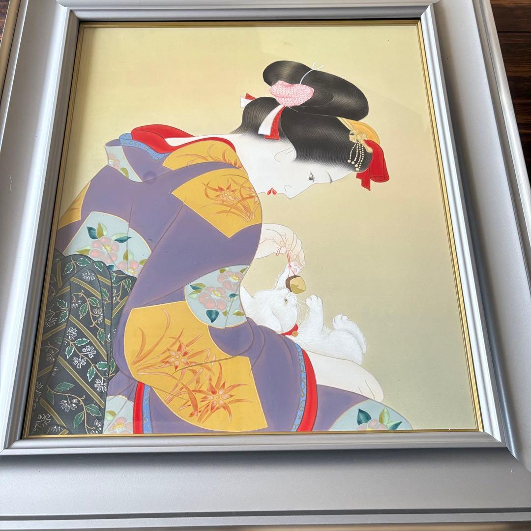 堀江浮水 (堀江豊生)「愛猫」額装 共シール 美人画 日本画 A