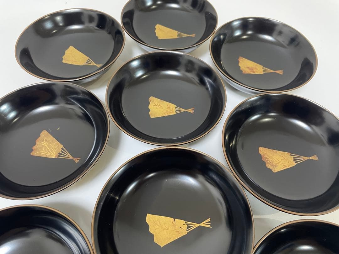 漆器 輪島塗 金蒔絵 扇柄 黒 内黒 吸物 割烹 蓋付き10客個 お煮物椀