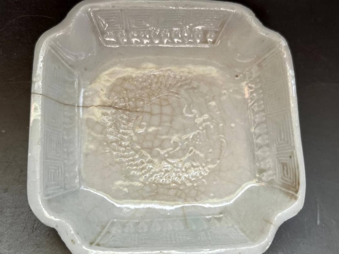 小皿■出石焼（江戸～明治）古い白磁四方皿角皿 7枚 龍 傷有 時代物 骨董品■