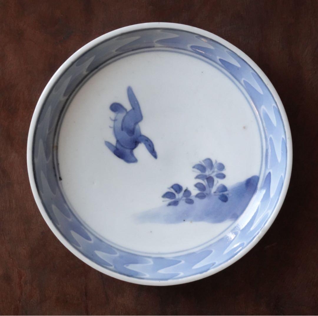江戸時代　前期　古伊万里　藍九谷　染付　墨弾き縁　花鳥文　皿　小皿　飾皿　食器