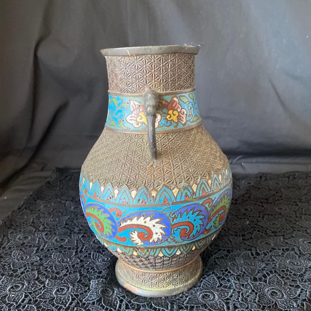 古銅七宝饕餮文耳付瓶/清朝時代-17世紀 銅製/七宝銅胎花器/中国古美術/骨董