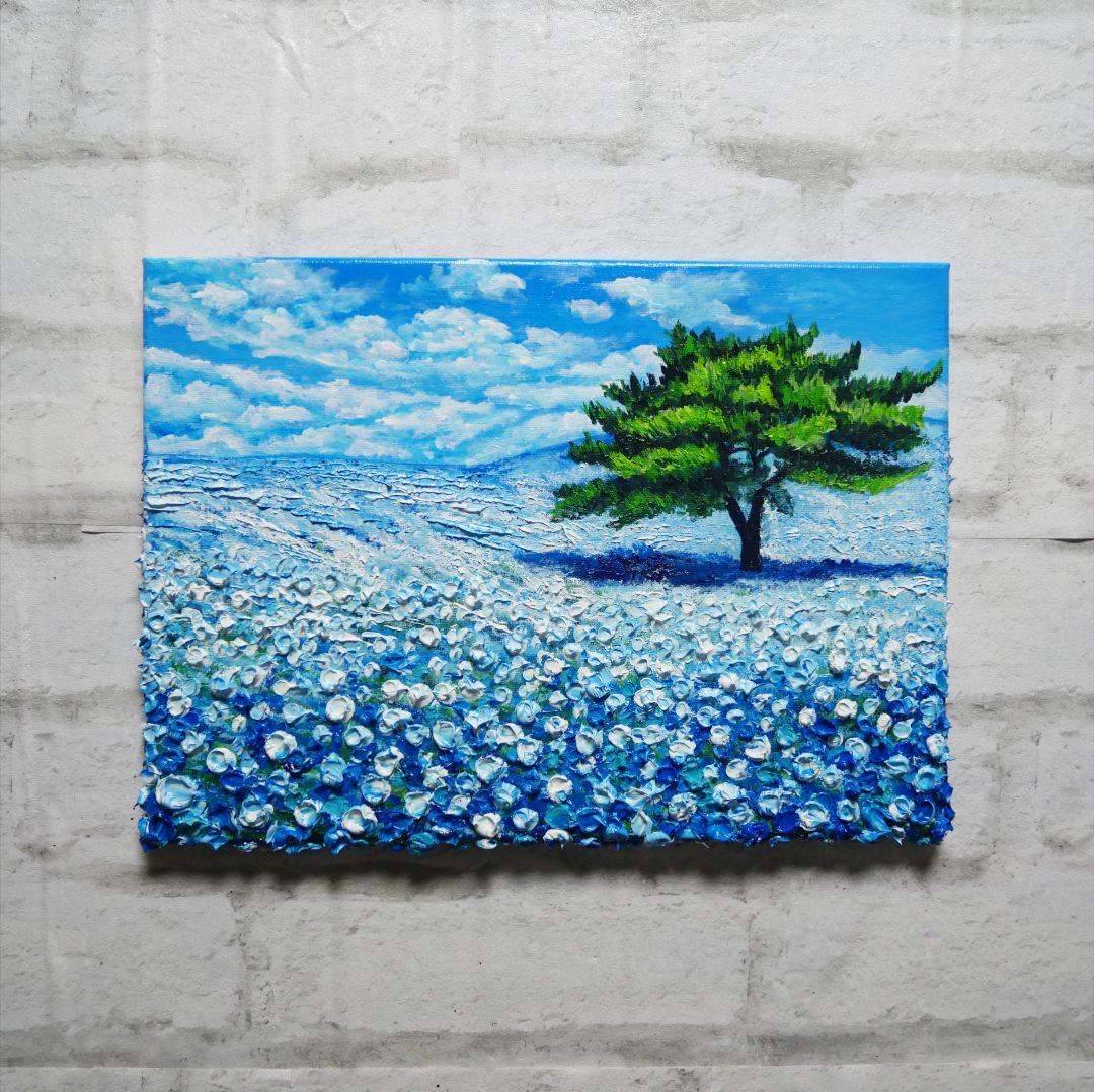 油絵 油彩 油彩画 絵 絵画 【青空のネモフィラの丘】F4号