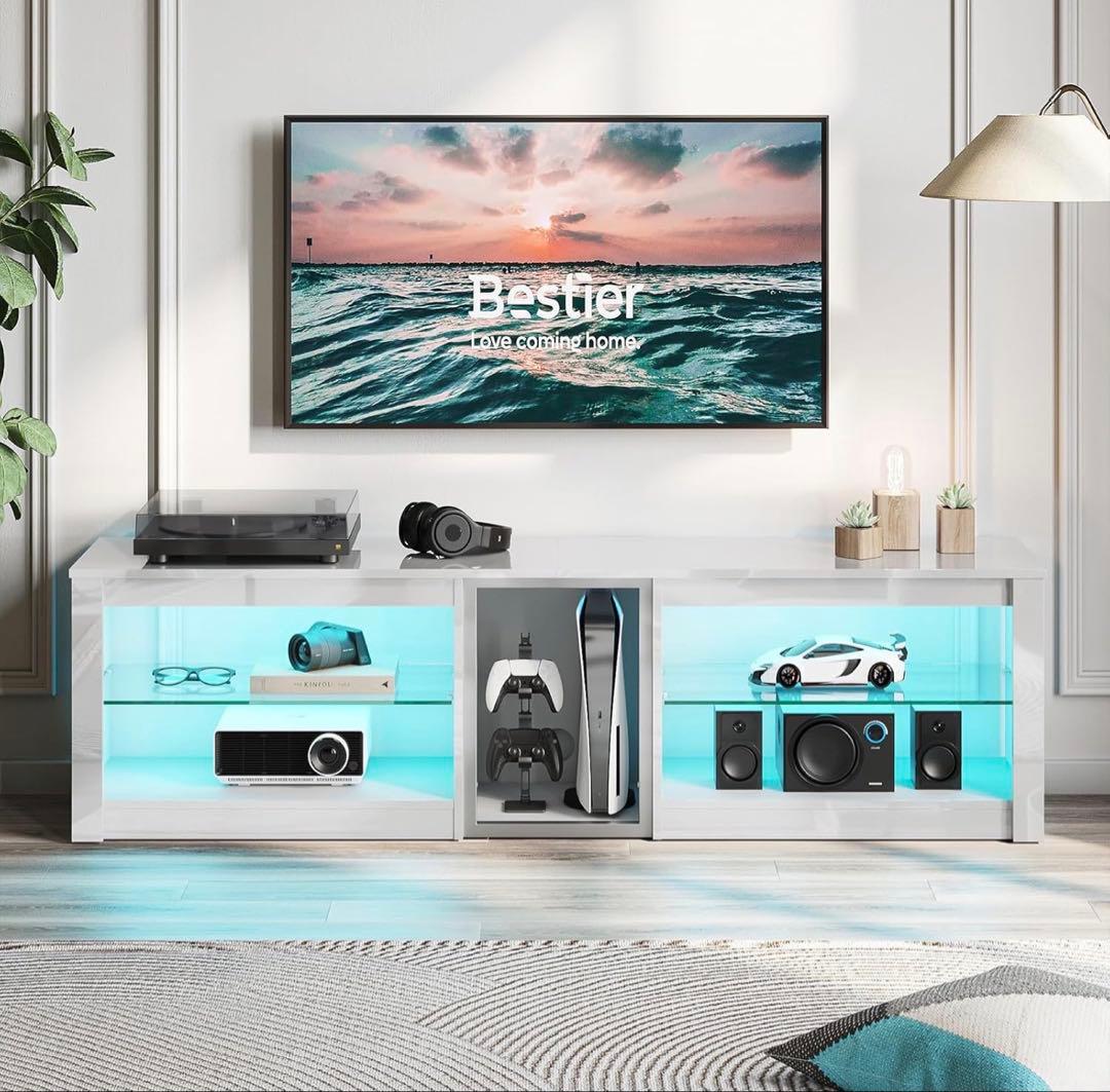 ホワイトテレビ台 LED照明付き 鏡面