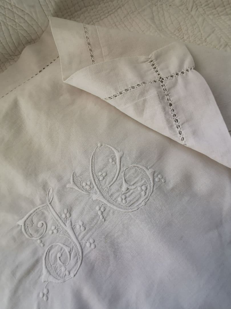 アンティークフランス イニシャル花刺繍 ドローンワーク ラージクッションカバー