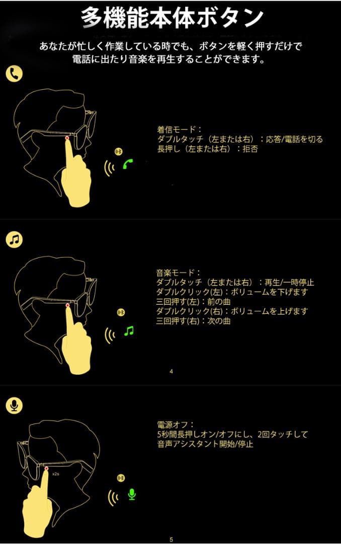 ワイヤレスオーディオサングラス スマートグラスBluetoothスマートメガネ