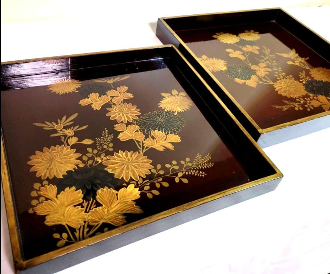 【週末特別値下げ】【時代物:文政】金蒔絵 草花文 角盆 2枚揃 共箱付　封書付