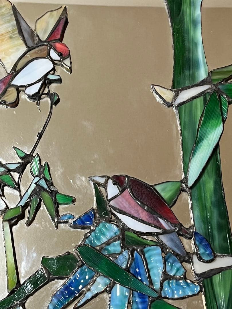 ハンダステンドグラス工芸『竹と雀』鏡