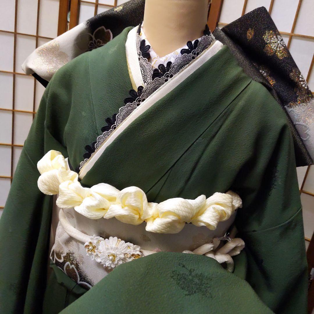 454【最終価格】無地モスグリーン【山本寛斎正絹振袖8点フルセット】成人式卒業式