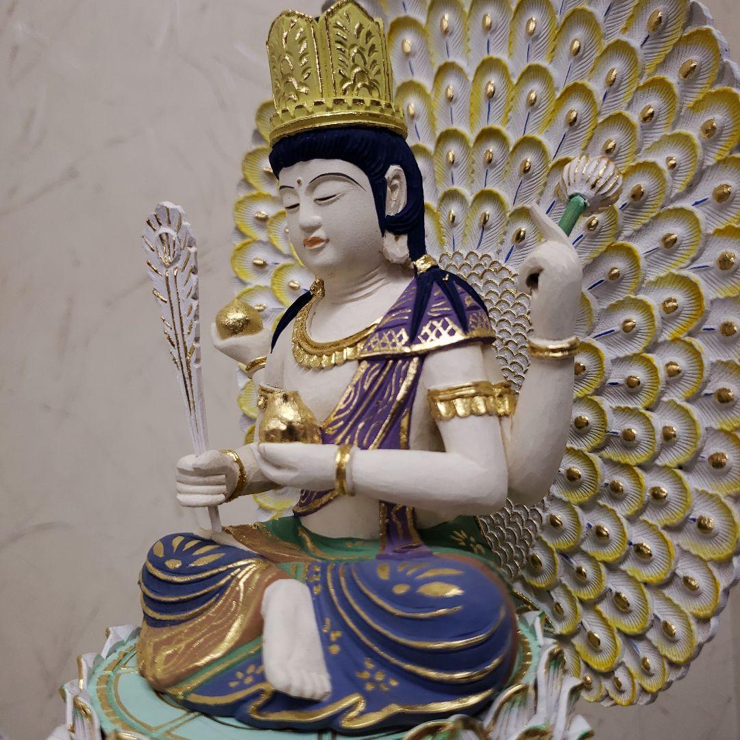 Ｂフライデー　最強魔除け仏像★柘植 孔雀明王像3寸 極彩色 錐金眼入★病魔退散