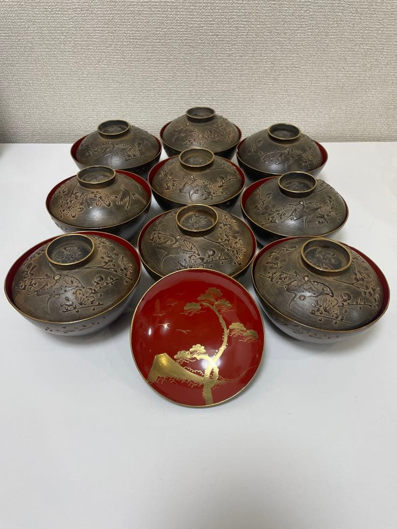 明治 大正期 会津塗 鉄錆塗 蒔絵 富士山 松 梅 木製 蓋付き お椀 内朱 ①