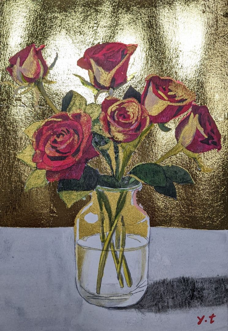 超美品！値下げ交渉あり。原画　金箔を押した赤薔薇　アクリル画　絵画