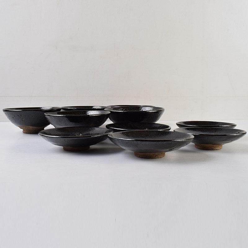 和食器　楽吉左衛門　黒楽平茶碗　高台平皿　2種10客　時代箱　V　R9525