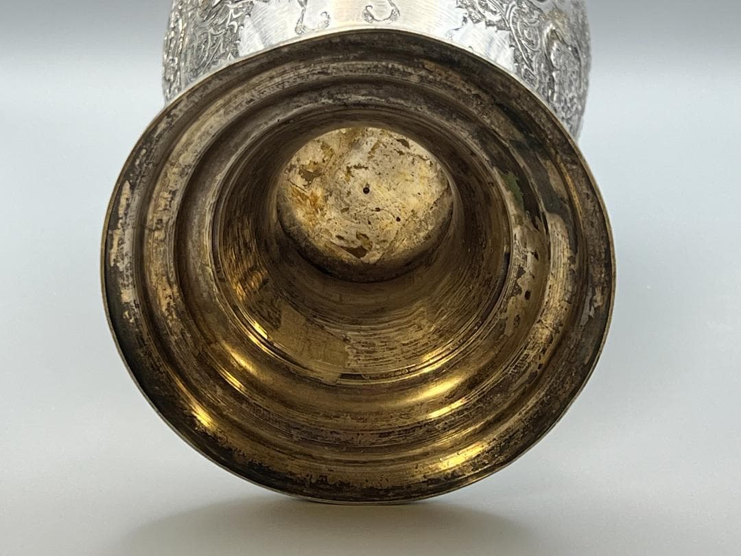 銀製　ライオンマーク　三越　銀花瓶　花入れ　手彫　銀細工　重量約820g