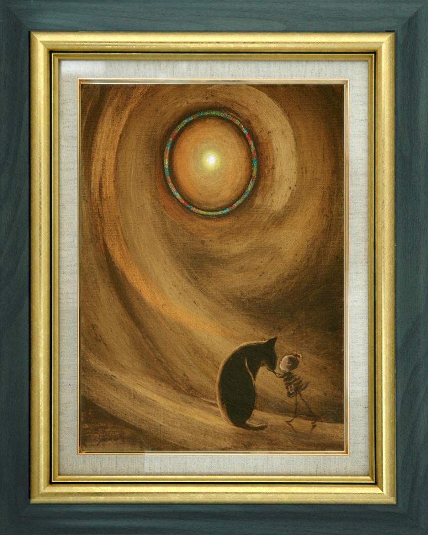 油絵菅家令子絵 絵画インテリア額付(青緑＋金色の枠)F3-072819子犬猫女子