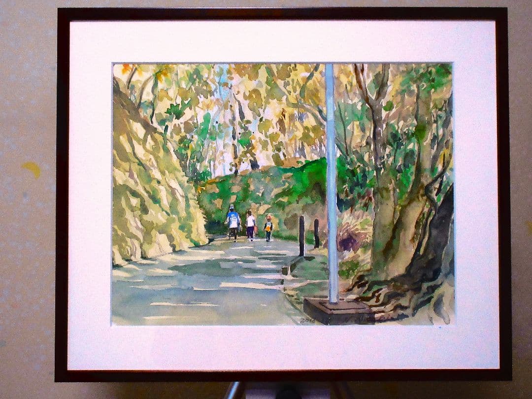 水彩画 家族連れの風景画 木製フレーム付き