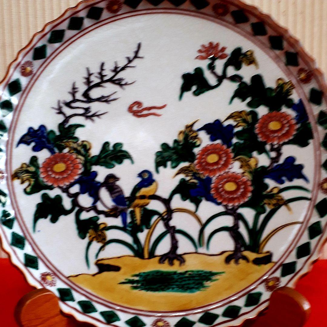 九谷焼角福花鳥図飾皿