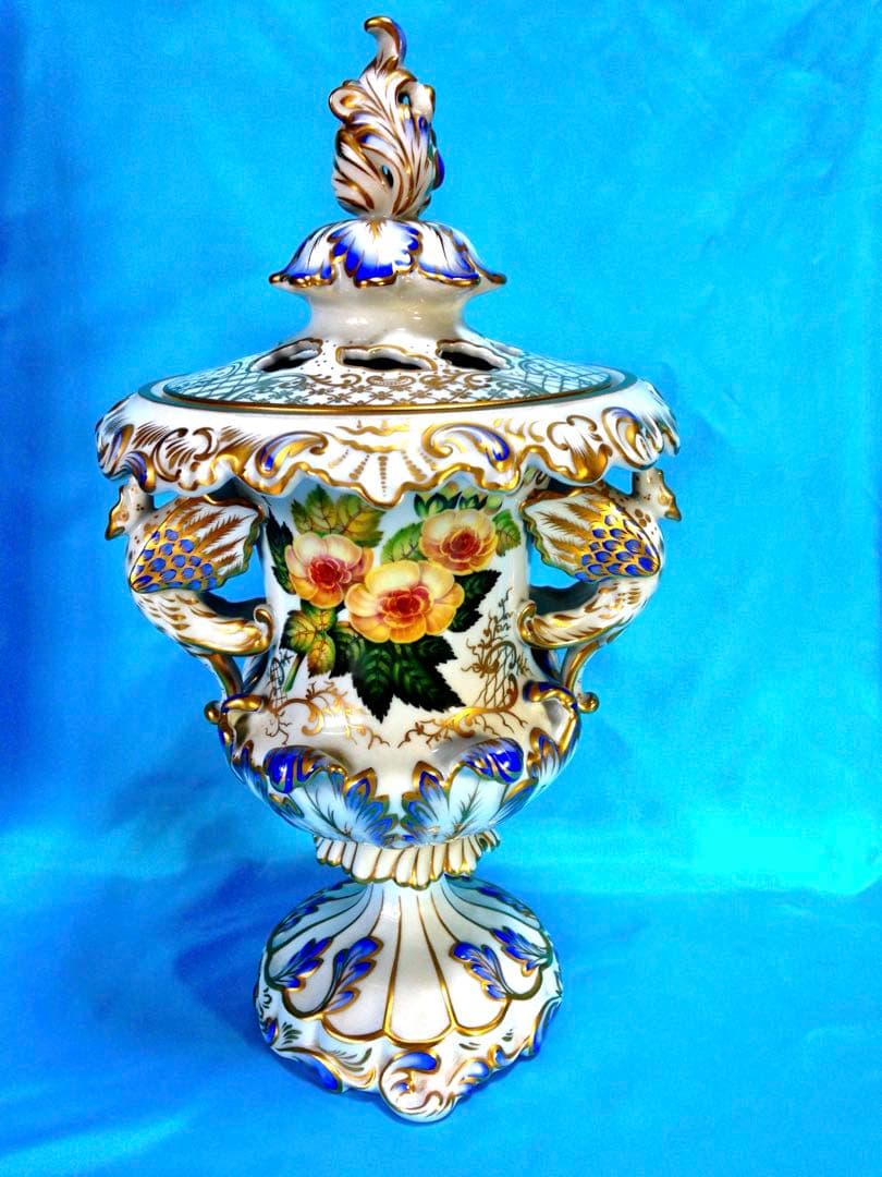 ヘレンドアンティーク☆コンポート蓋付花瓶飾物陶器H34.5金彩一点物☆美しい花柄