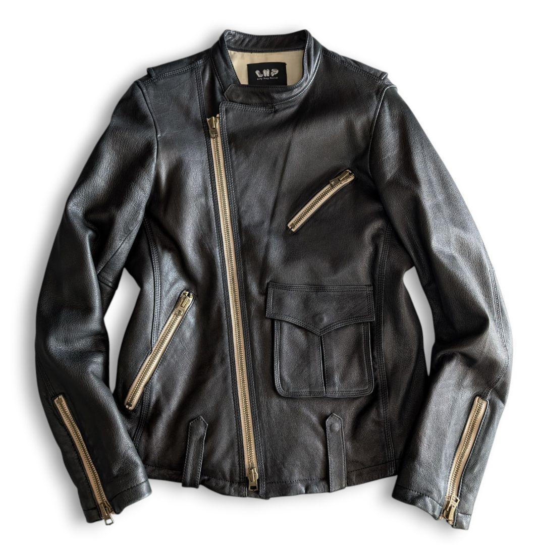 美品 LHP 斜めダブルジップ ラムレザー ライダースジャケット L ブラック
