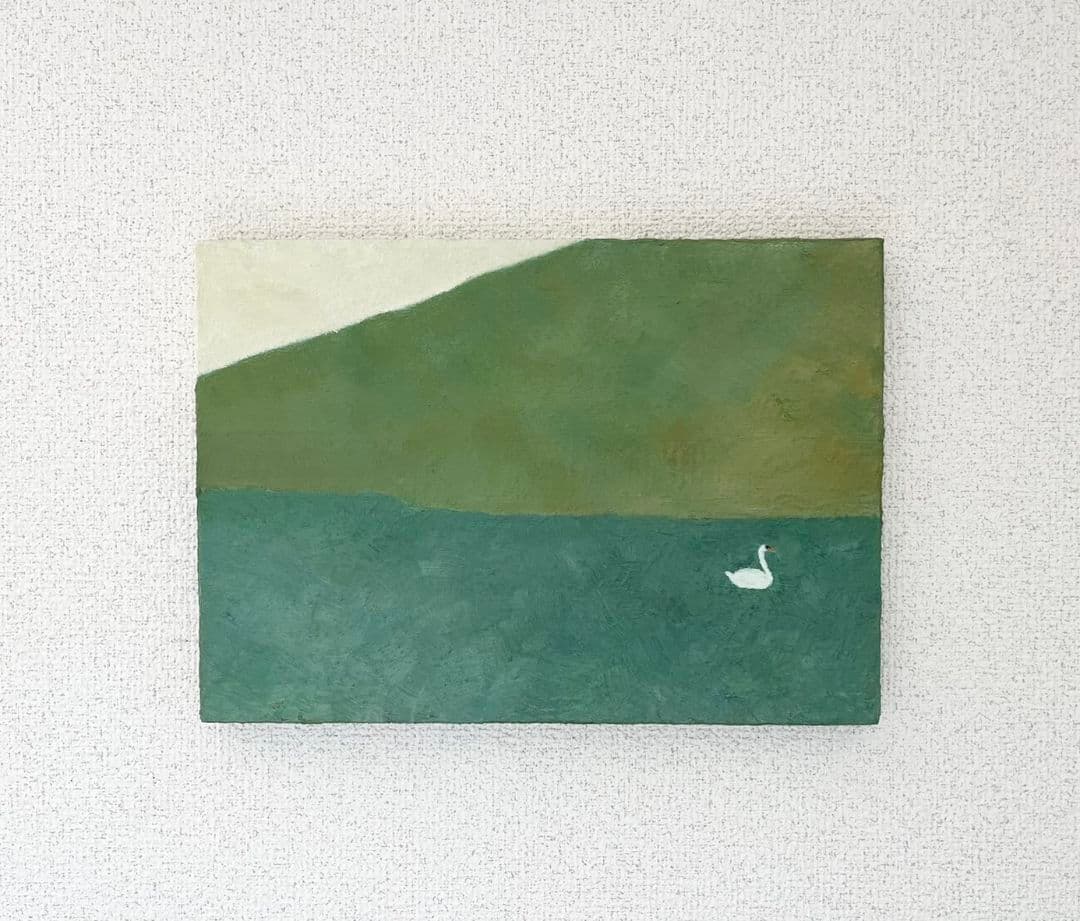 油彩画　白鳥のいる湖