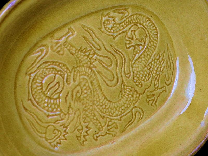 珉平焼　淡路焼　小判形　龍紋の図 陰刻　手塩皿　３枚　D022AS-fbtj