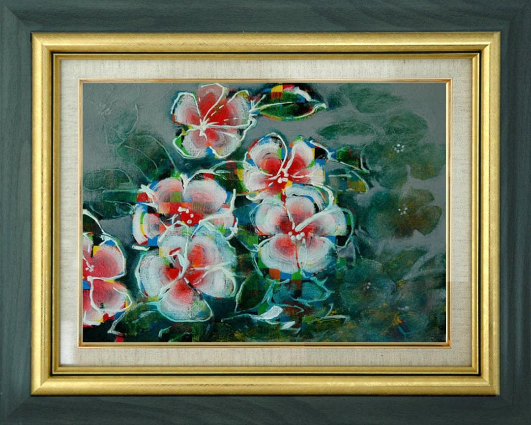 油絵 菅家令子 絵 絵画インテリア 額付(青緑＋金色の枠) F4-091216花
