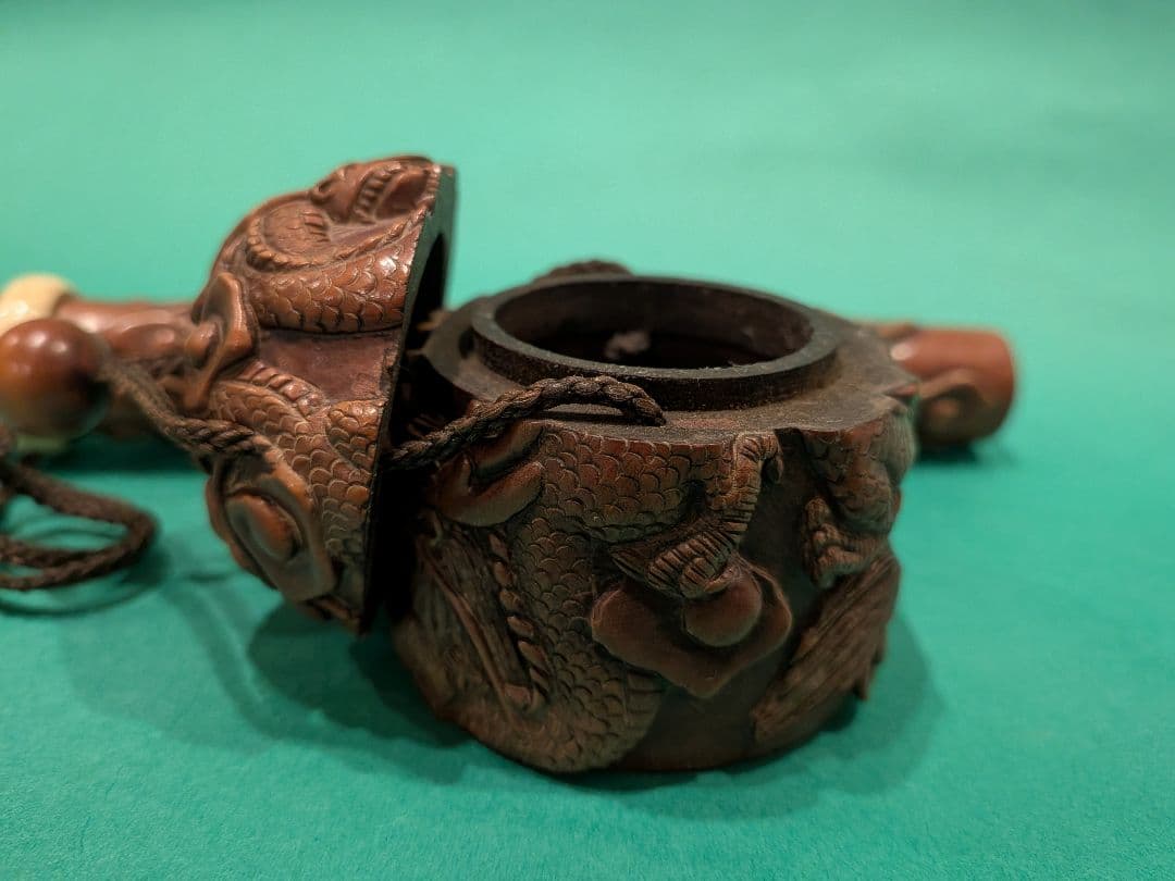 双龍彫刻 柘植製矢立、墨入れセットA3、日本製携帯用墨壺と筆入れセット、希少品、