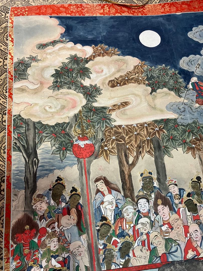 掛軸 釈迦涅槃図 大幅軸 紙本 彩色 仏画 仏教美術 年代物 時代物 合箱