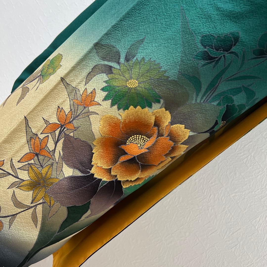 488 振袖フルセット 正絹 深緑 グリーン 金彩 暈し染め シック シンプル