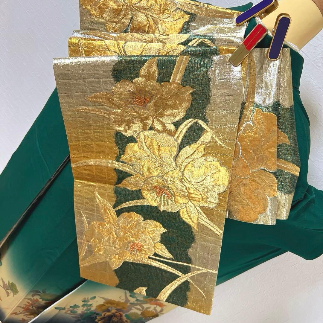 488 振袖フルセット 正絹 深緑 グリーン 金彩 暈し染め シック シンプル
