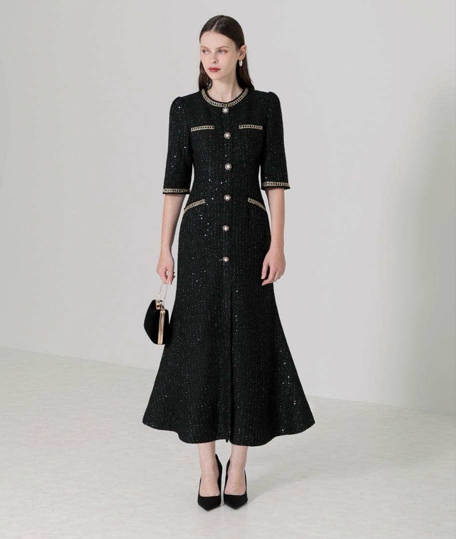 ラメ混ツイードレザーパイピングパール釦スパンコール刺しゅうマーメイドシルエット