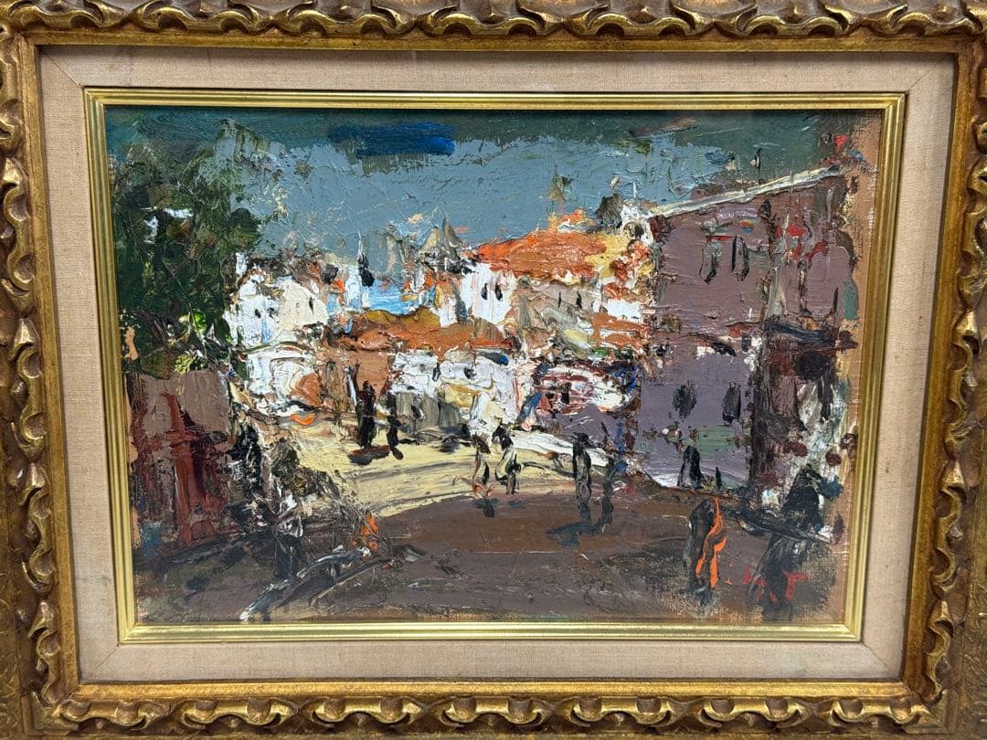 真作 友成晴雄 街角F4号 油彩画 油絵 風景画 直筆サイン