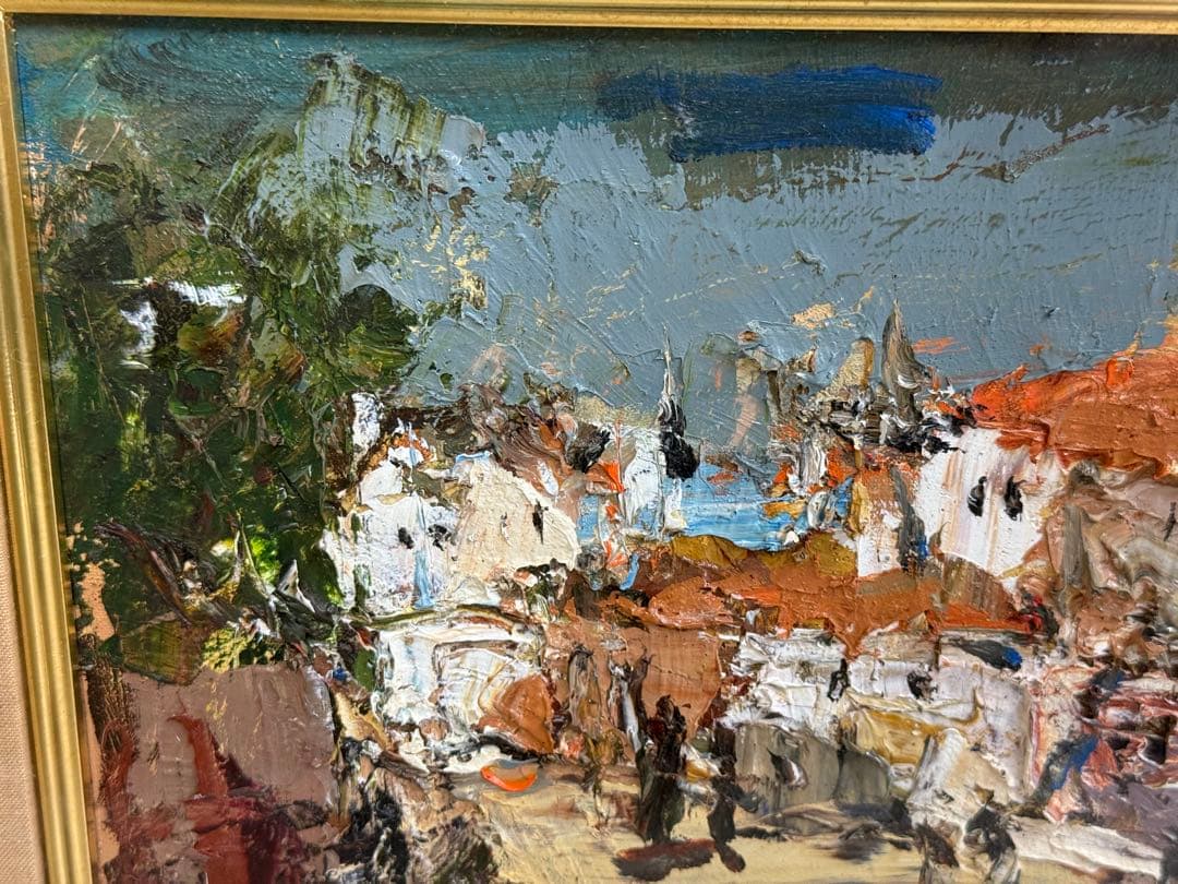 真作 友成晴雄 街角F4号 油彩画 油絵 風景画 直筆サイン