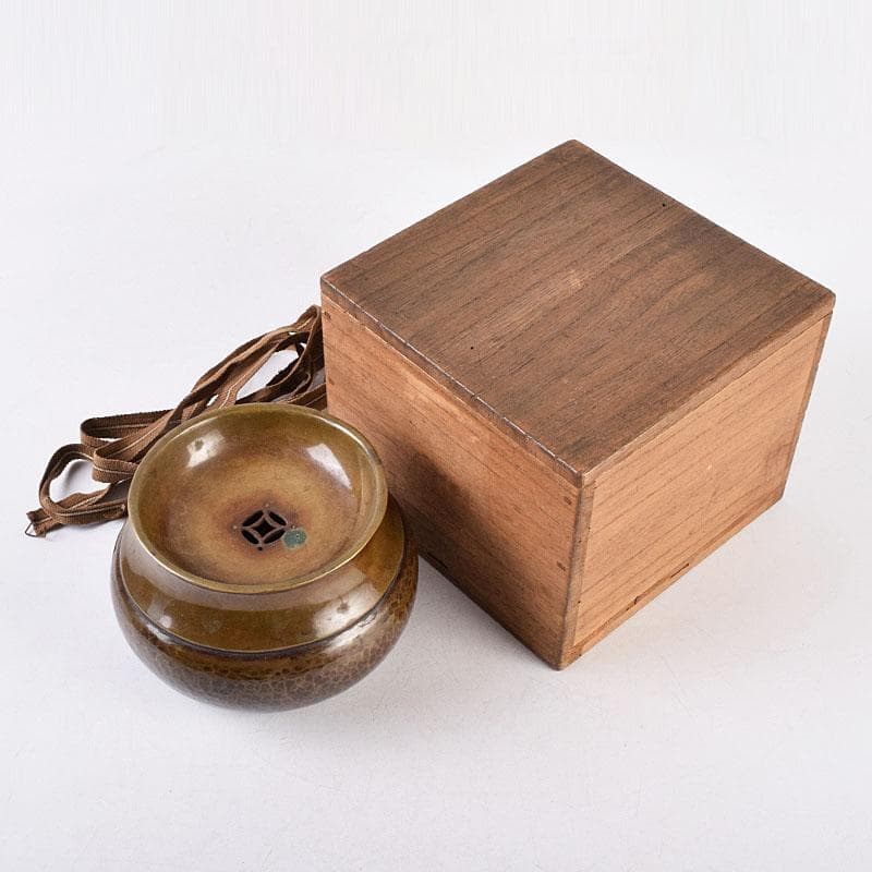 煎茶道具　黄銅　落葉壷　茶こぼし　建水　在銘　共箱　V　R8904