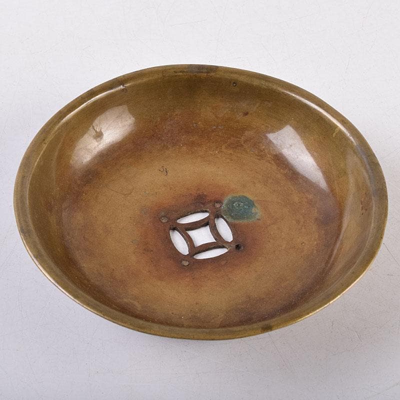 煎茶道具　黄銅　落葉壷　茶こぼし　建水　在銘　共箱　V　R8904