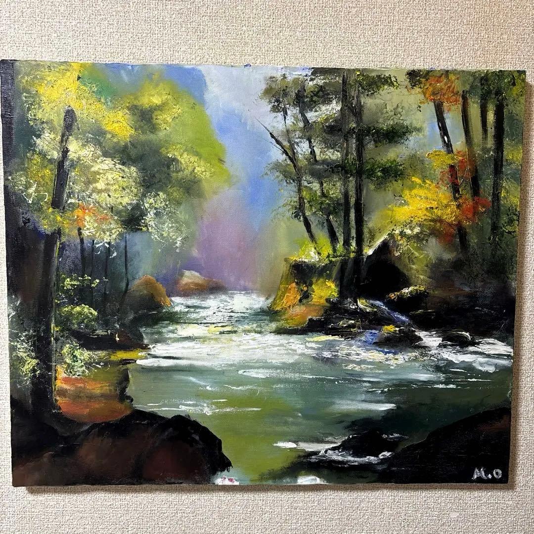 自作油彩画　油絵　風景画　湖　森