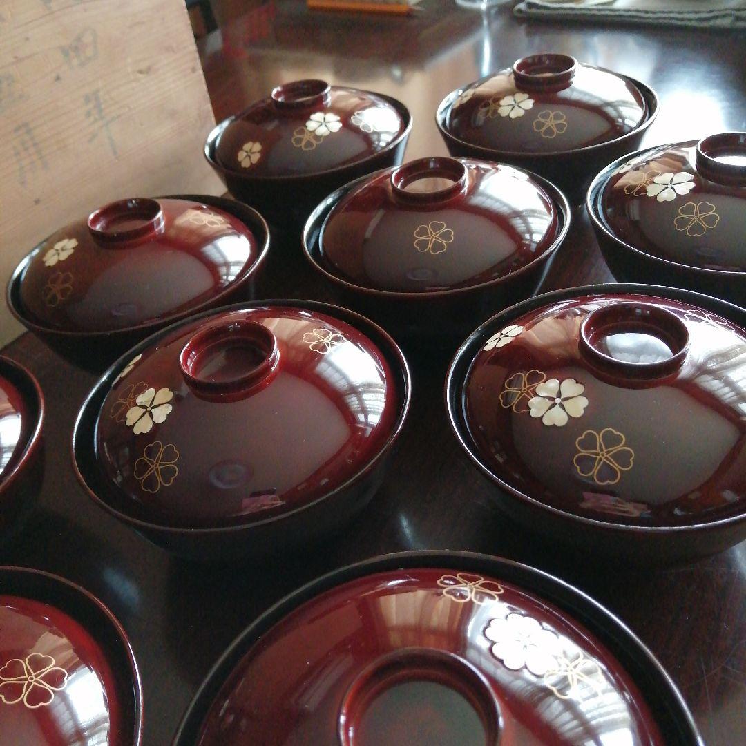 木製漆器　螺鈿桜紋蓋付椀　10客　12cm　昭和中期