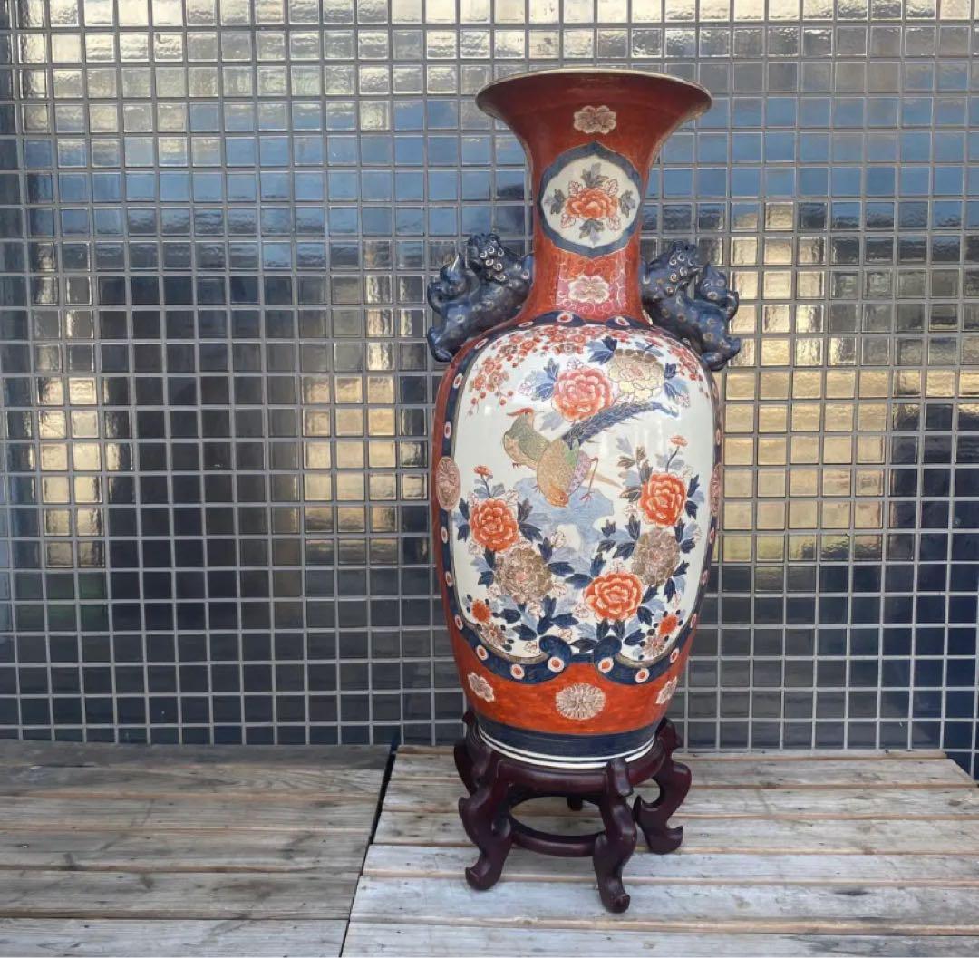 伊万里焼 大花瓶 壺 金襴手 花鳥文 骨董品 稀少 高さ76cm 狛犬