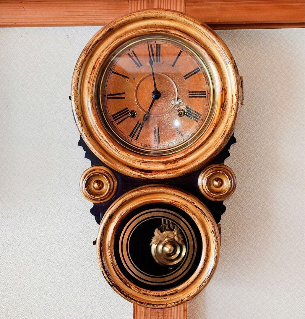 〈完動・美品〉松下時計製造所(初期松下)　金彩張り四ツ丸達磨型ゼンマイ振り子時計