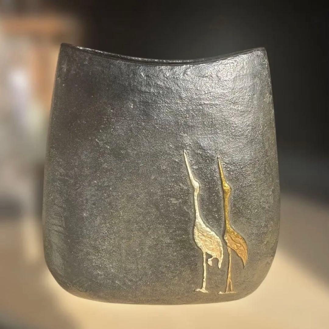 金色の鶴と亀の象嵌　花器 置物　高岡銅器
