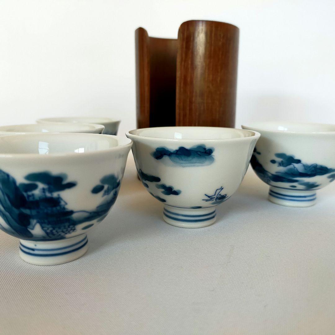 煎茶道 神代タモ碗入＋染付煎茶椀5客セット23