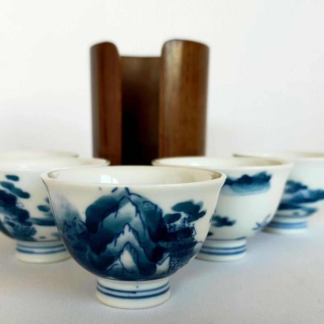 煎茶道 神代タモ碗入＋染付煎茶椀5客セット23