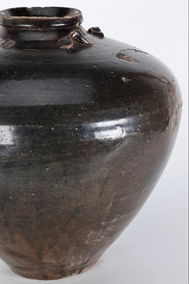 サ*ー様 黒薩摩 四耳壺 古陶 大壺 33㎝ 江戸期 古薩摩 時代物 壷 古美術