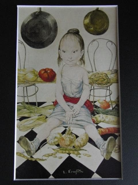藤田嗣治、【台所】、希少な額限定装用画集より、新品額装付