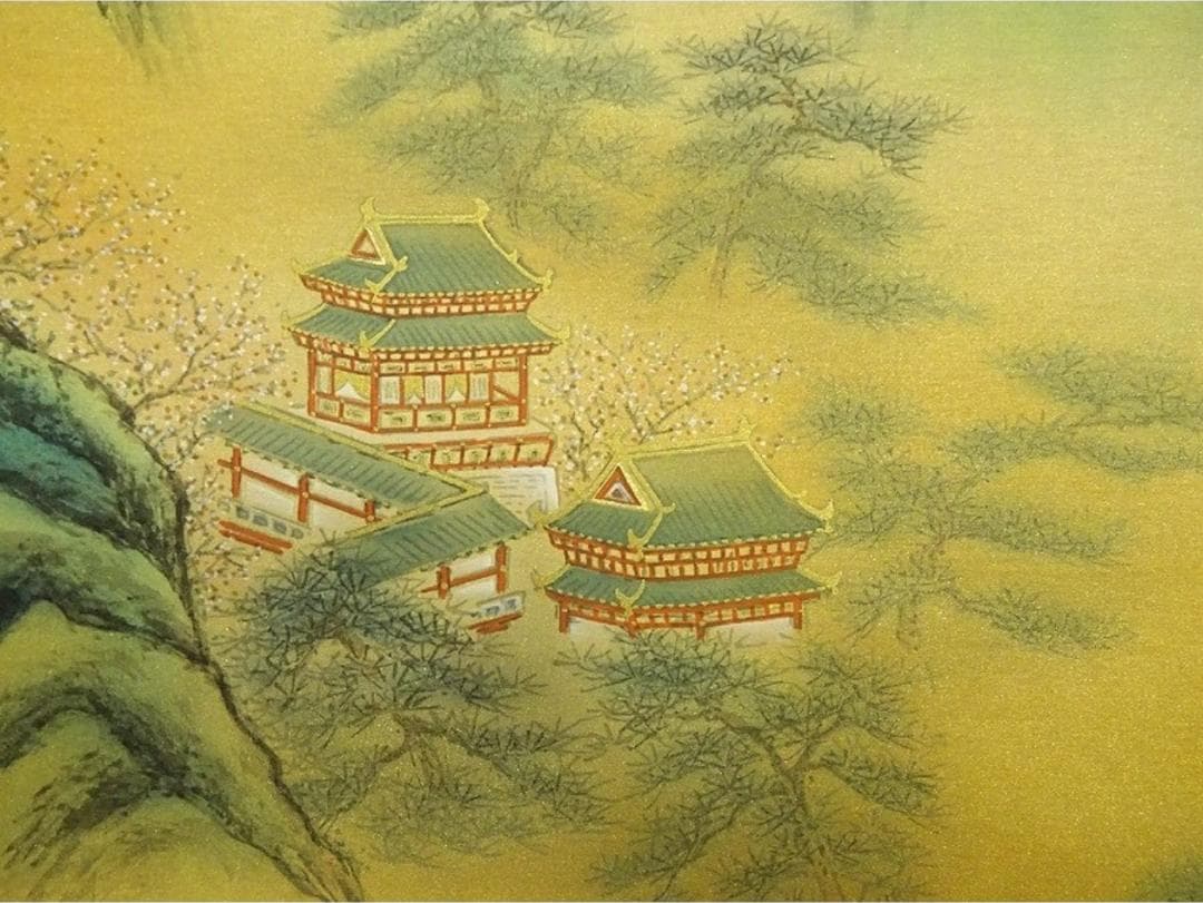 掛軸 松尾玲楓『蓬莱仙境 山水図』絹本 肉筆 共箱付 掛け軸 p11061