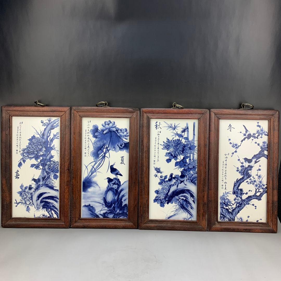 景徳鎮 青花花鳥春夏秋冬図陶板画 応接間 書斎 装飾品 工芸品 美術品 置物