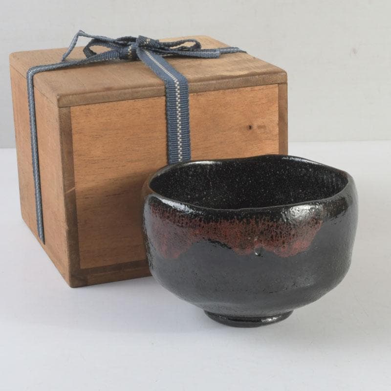 茶道具　楽焼　佐々木松楽造　黒楽茶碗　時代箱付　V　9458