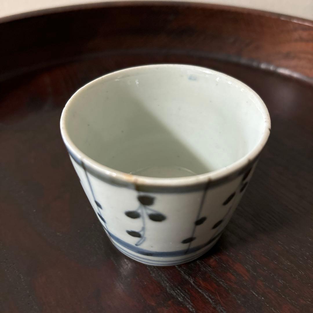 古伊万里染付　格子縞　蔓草文　⑤蕎麦猪口　江戸初期前期　アンティーク　白磁　李朝